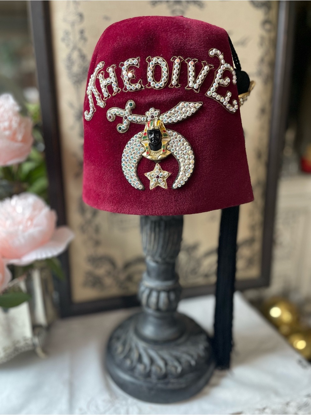Vintage Shriner Masonic Wool leather Rhinestone antique brass hat tassel pendant